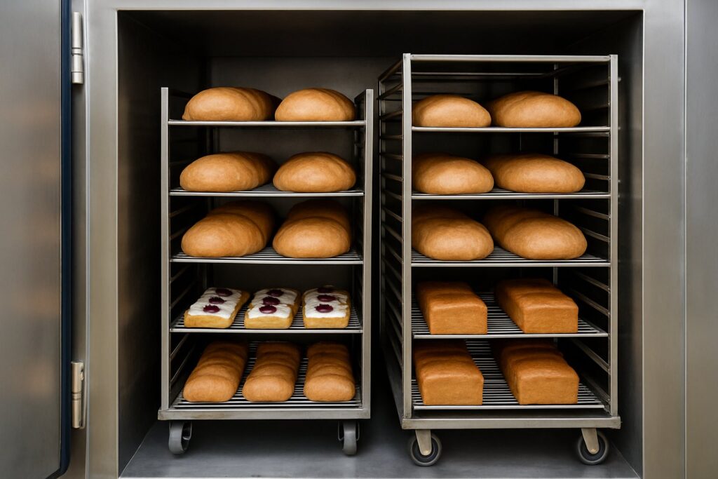 Bread and pastries being evenly cooled in a vacuum system