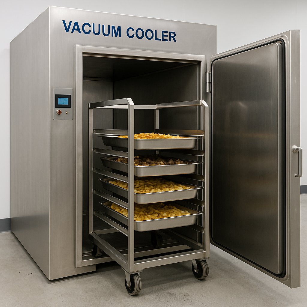 Stainless steel vacuum cooling machine chilling trays of cooked meals, designed for food safety in central kitchen operations.
