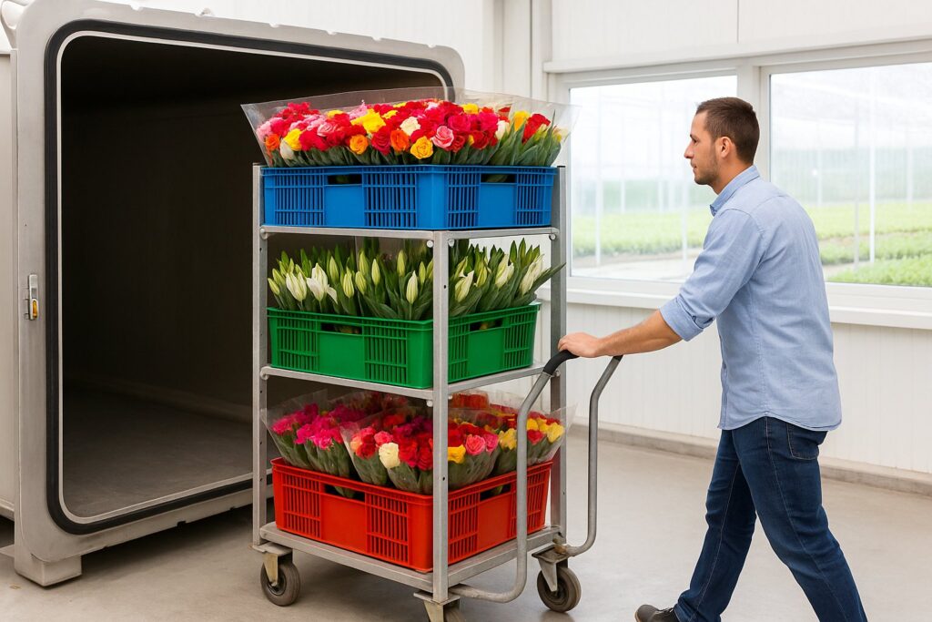 A worker pushing a metal cart loaded with colorful crates of fresh-cut roses, tulips, and lilies into a vacuum cooling chamber at a flower processing facility.