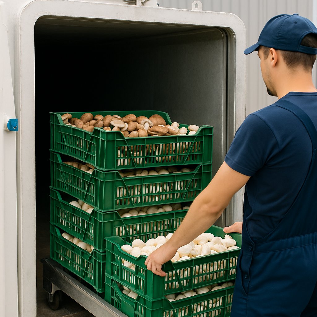 A worker loading crates of freshly harvested mushrooms into a white vacuum cooling chamber, including shiitake, oyster, and button varieties.