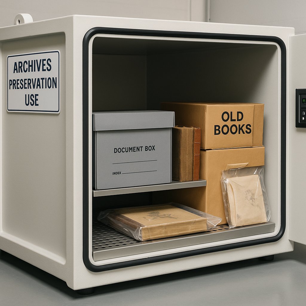 A vacuum nitrogen sterilization system treating historical documents and cultural relics in a museum or archive environment.
