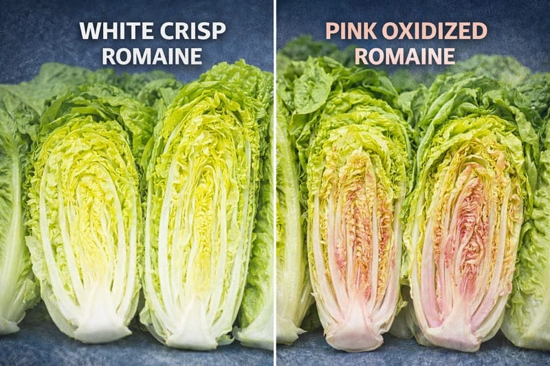 Side-by-side photo of white crisp Romaine vs pink oxidized Romaine