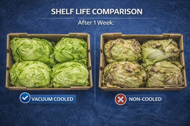 Comparison image of vacuum cooled lettuce vs non-cooled lettuce after 1 week
