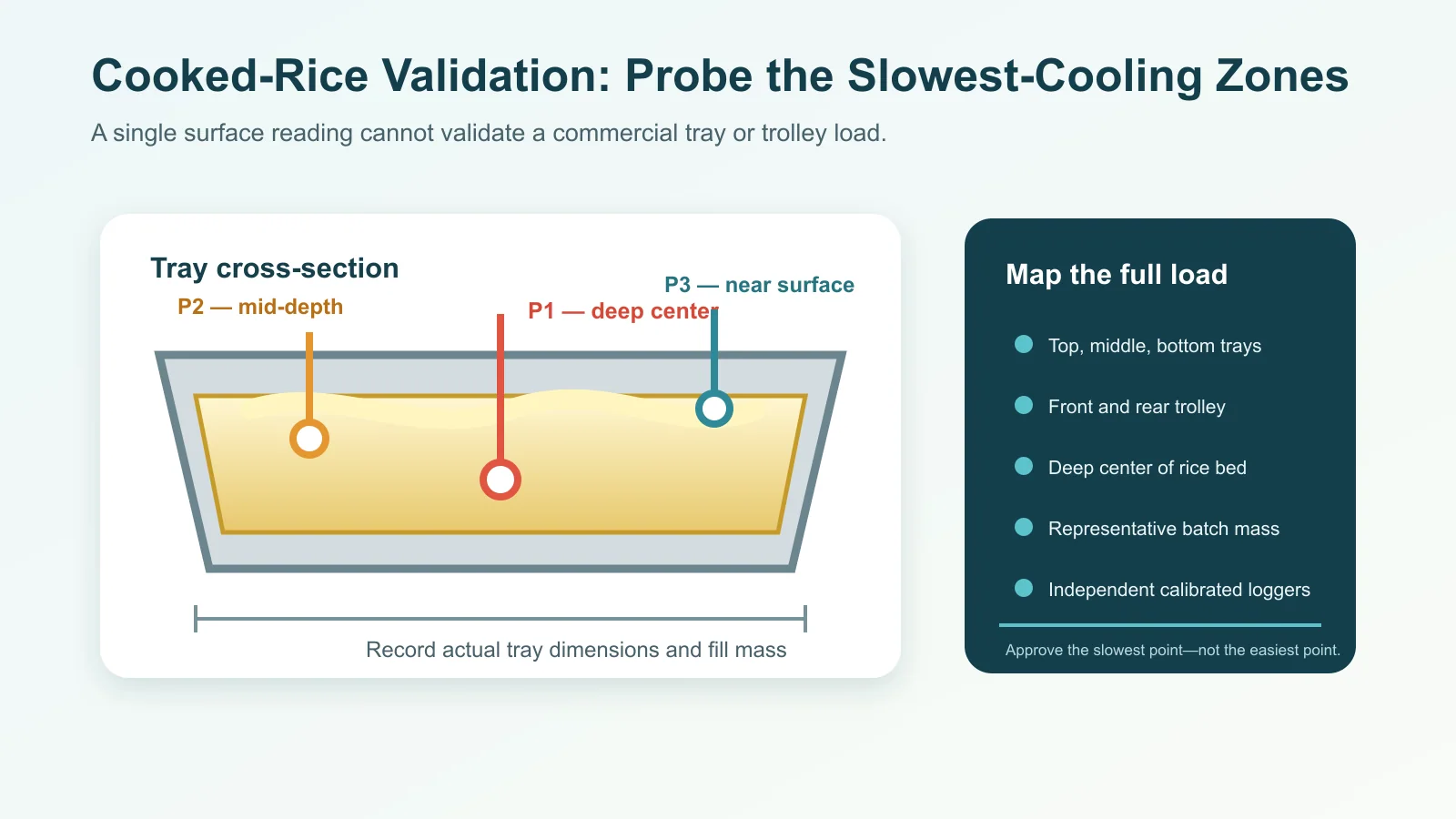 Cooked rice tray cross-section showing deep-center, mid-depth, and surface temperature probe positions for vacuum cooling validation