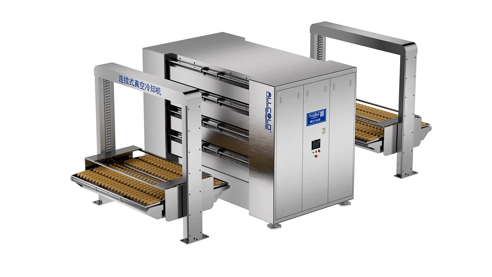 Allcold automatic continuous vacuum cooling line with modular chambers and conveyor transfer