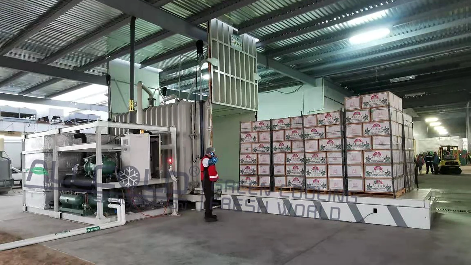 Allcold pallet vacuum cooling installation with fresh produce cartons and refrigeration system