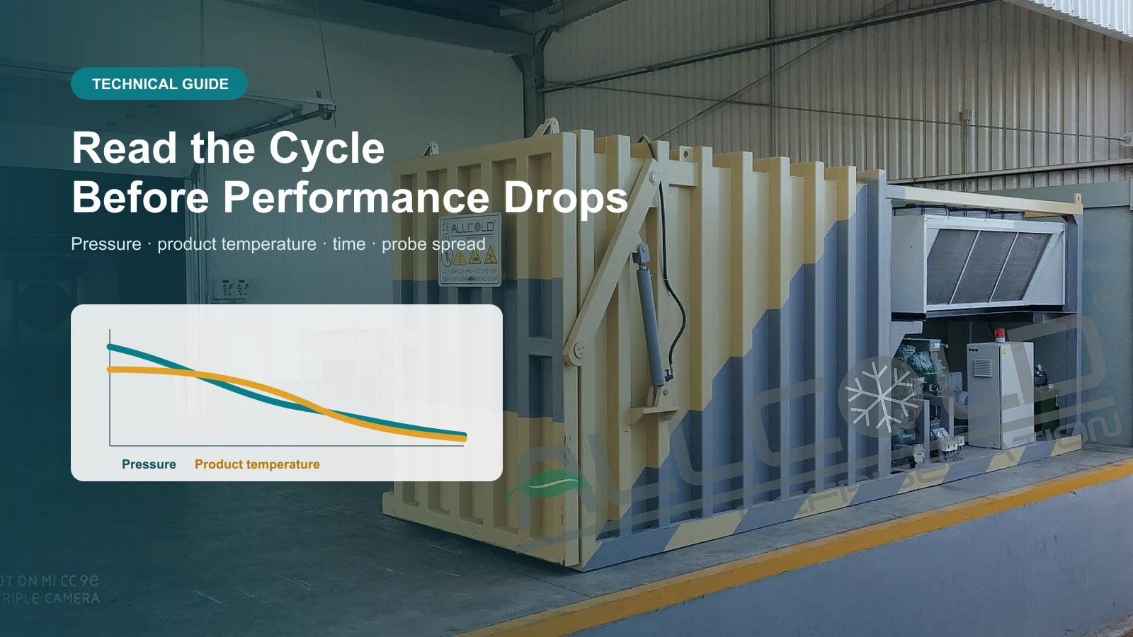 Real Allcold pallet vacuum cooler with conceptual pressure and product temperature trend overlay