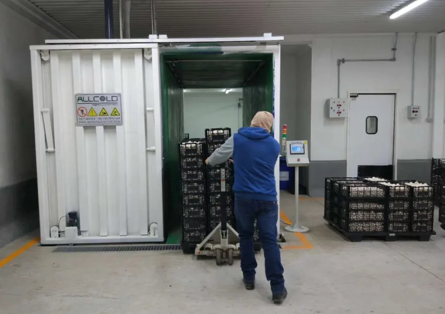 Operator moving stacked produce crates with a pallet truck at the open sliding door of an Allcold vacuum cooler
