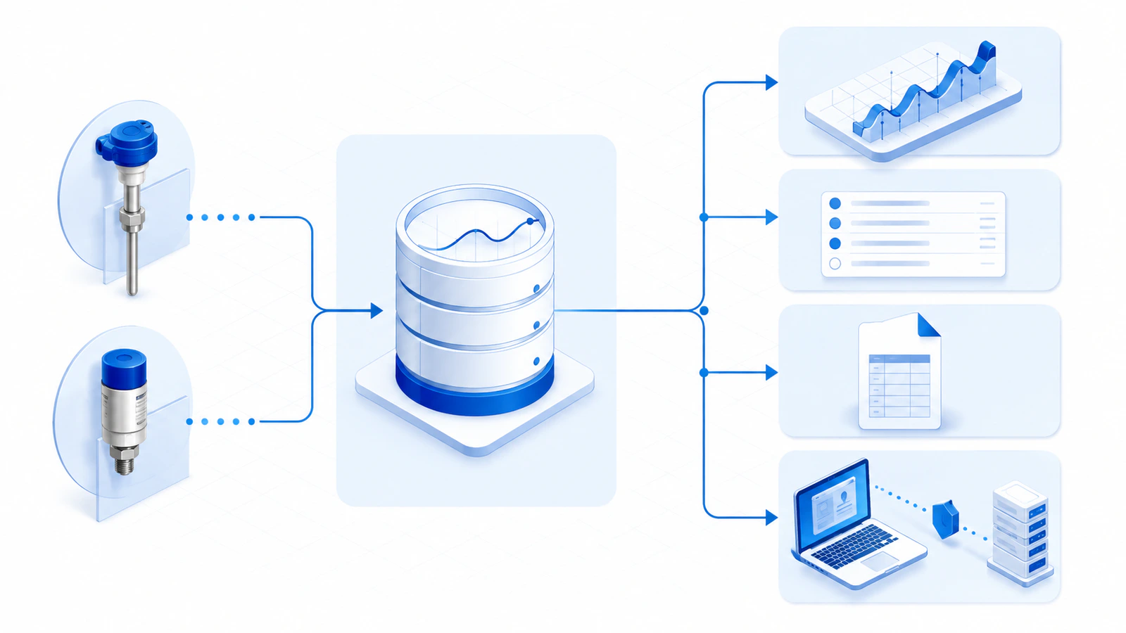Conceptual illustration of vacuum cooler sensor data flowing to batch records, alarm logs, exports and remote support