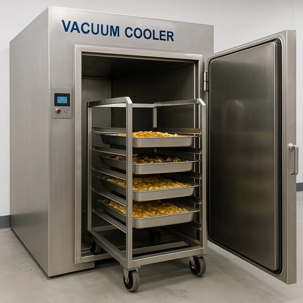 Stainless steel vacuum cooling machine chilling trays of cooked meals, designed for food safety in central kitchen operations.