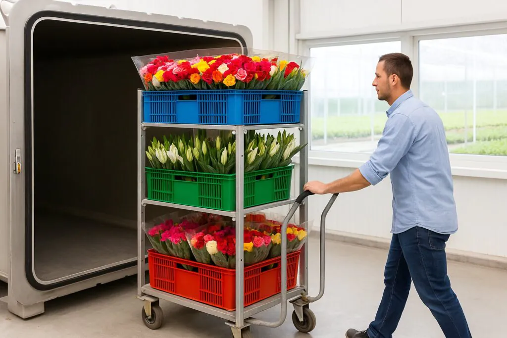 A worker pushing a metal cart loaded with colorful crates of fresh-cut roses, tulips, and lilies into a vacuum cooling chamber at a flower processing facility.