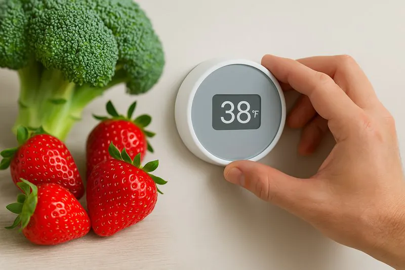 A hand adjusting a thermostat, with fresh broccoli and strawberries in the background