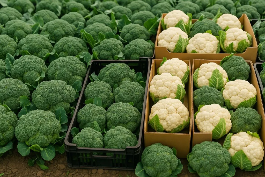 A high-resolution image showing neatly arranged crates filled with fresh broccoli and cauliflower, ready for transport or market.