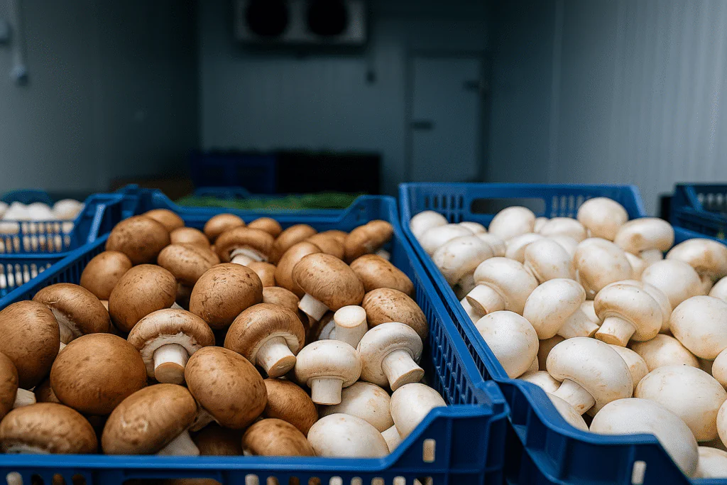 Freshly harvested brown and white mushrooms neatly arranged in blue crates inside a cold storage room.