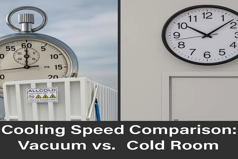 A stopwatch showing '25 minutes' next to a vacuum cooler, contrasted with a wall clock showing '18 hours' over a cold room door
