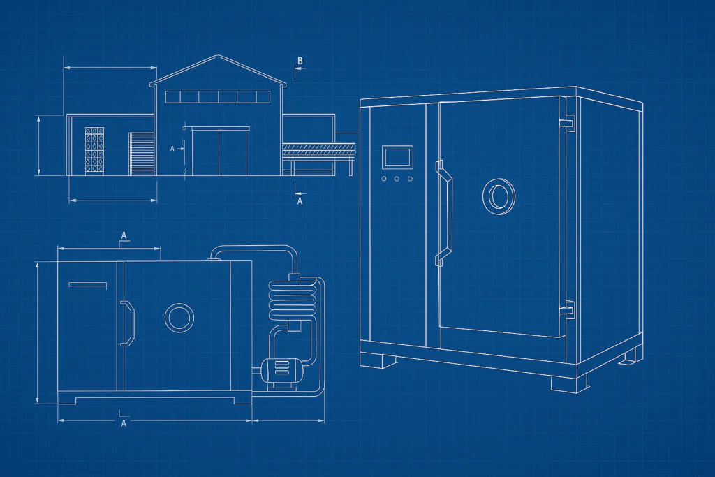 Technical blueprint showing the customizable internal structure and specifications of a vacuum cooling machine, highlighting tailored engineering design for factory integration.