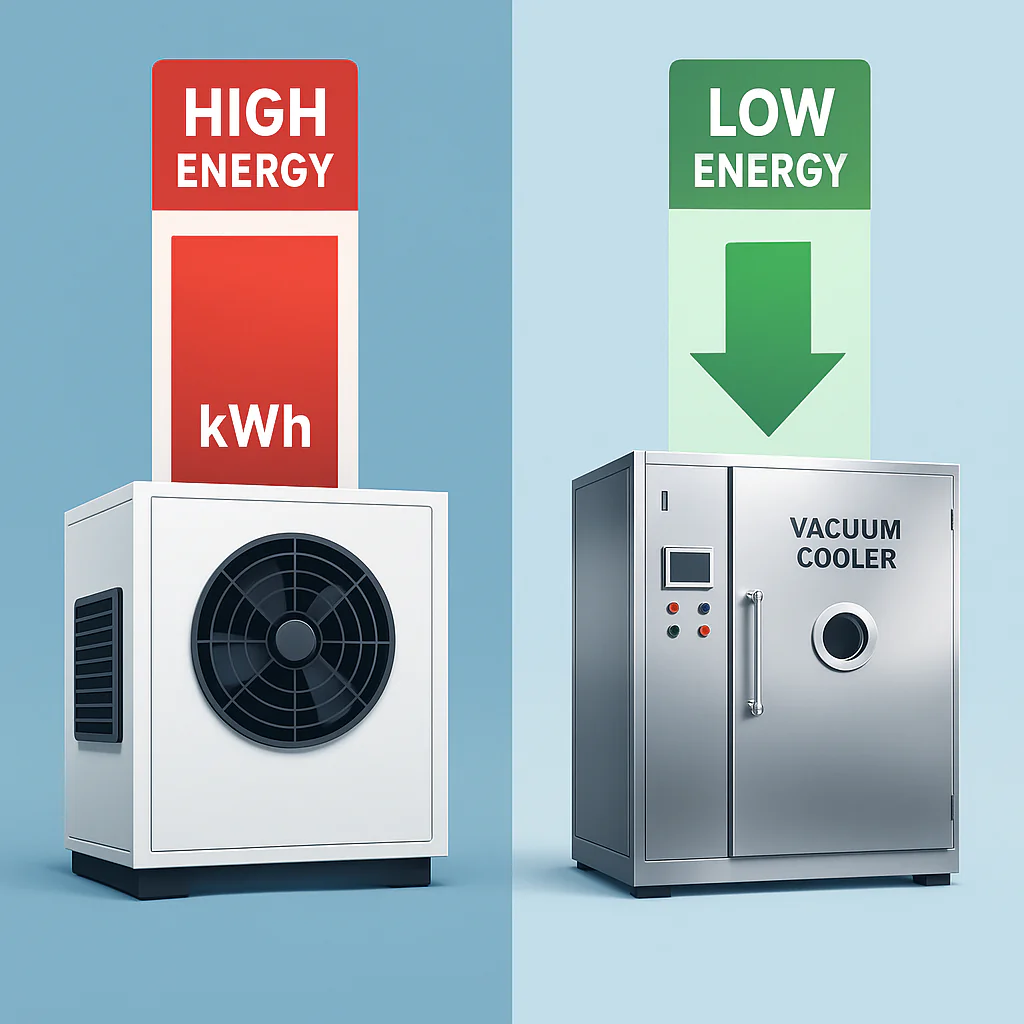 A comparison image showing traditional cooling equipment with high energy consumption in red on the left, and vacuum cooling equipment with low energy consumption in green on the right, illustrating the energy-saving benefits of vacuum cooling systems.