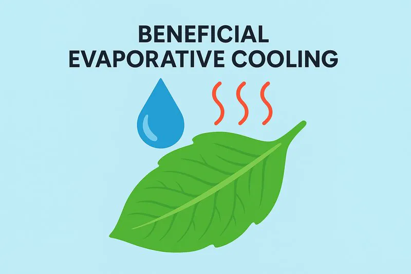 An infographic showing a droplet evaporating from a leaf to remove heat, labeled 'Beneficial Evaporative Cooling'