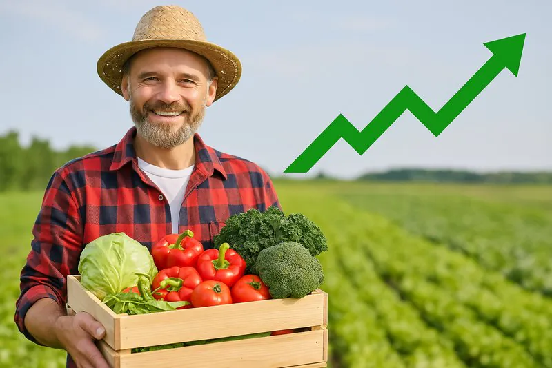 A farmer smiling, holding a crate of perfect-looking vegetables with a green upward-trending graph superimposed