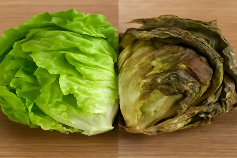 A split image showing fresh, vibrant lettuce on one side and wilted, spoiled lettuce on the other