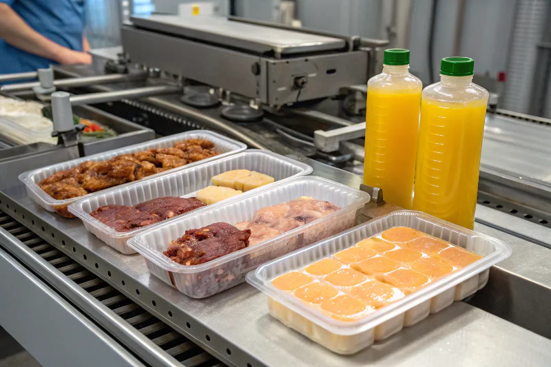 Assorted ready-to-eat foods and orange juice bottles on a high-pressure processing (HPP) conveyor line, including packaged meats, desserts, and sealed beverages in a modern food production facility.