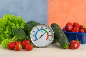 Side-by-side comparison of fresh broccoli, lettuce, and strawberries versus spoiled produce like moldy strawberries and damaged cucumbers, illustrating the impact of temperature settings on produce freshness