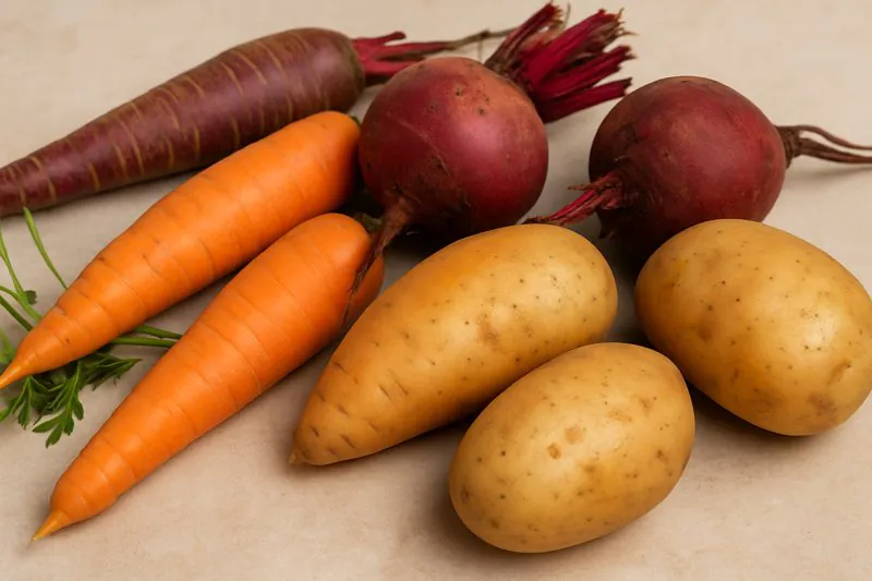 Image of various root vegetables like carrots, potatoes, beets, looking solid and dense