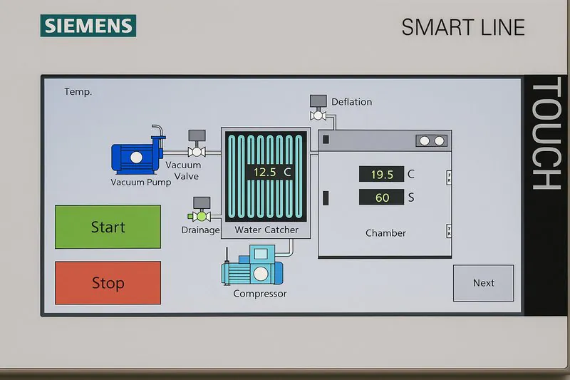 Modern PLC control panel for a vacuum cooler, showing a clear display and buttons
