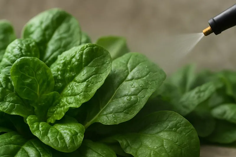 Image of dewy spinach leaves or lettuce being lightly sprayed with water