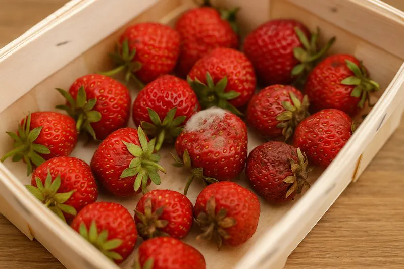 A crate of strawberries with visible mold growth due to being stored too warm