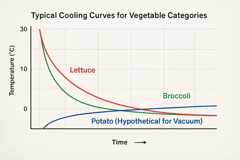 Line graph with time on X-axis and temperature on Y-axis, showing steep curve for lettuce, moderate for broccoli, flatter for potato (hypothetical for vacuum)