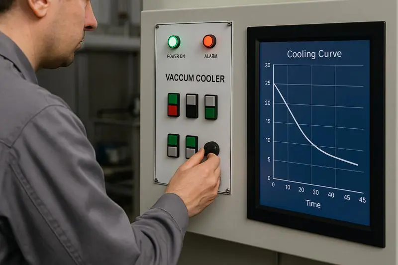 Operator adjusting settings on a vacuum cooler control panel, with a cooling curve displayed on a nearby screen