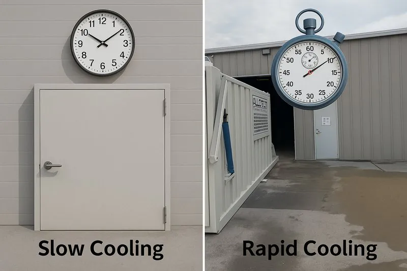 Side-by-side comparison: a clock over a slow-cooling cold room vs. a stopwatch over a fast vacuum cooler