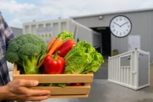 Crate of fresh vegetables including broccoli, lettuce, and carrots held outdoors, with blurred vacuum cooler and cold room units in the background, illustrating the impact of cooling methods on shelf life