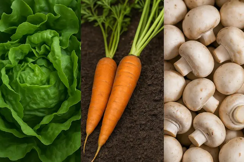 Collage of different vegetables: leafy greens, dense roots, porous mushrooms
