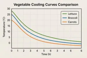 Graph showing different cooling curves for lettuce, broccoli, and carrots