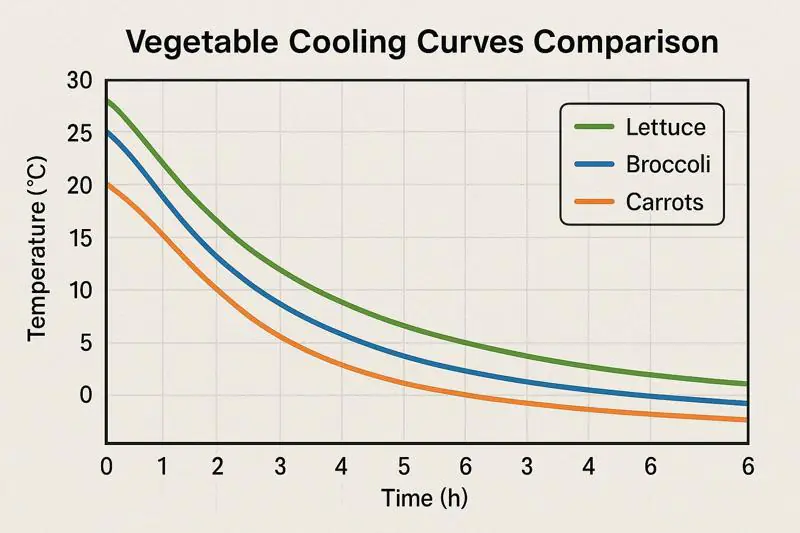 Graph showing different cooling curves for lettuce, broccoli, and carrots