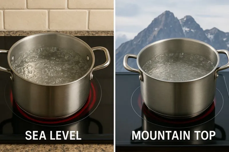 Side-by-side illustration: Pot boiling at sea level vs. pot boiling on a mountain top