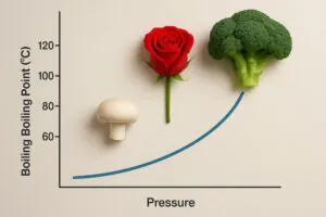Graph showing the relationship between water's boiling point and pressure with vegetable icons