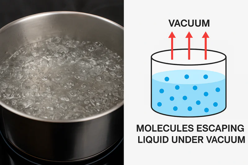 Close up of water boiling in a pot vs. illustration of molecules escaping liquid under vacuum