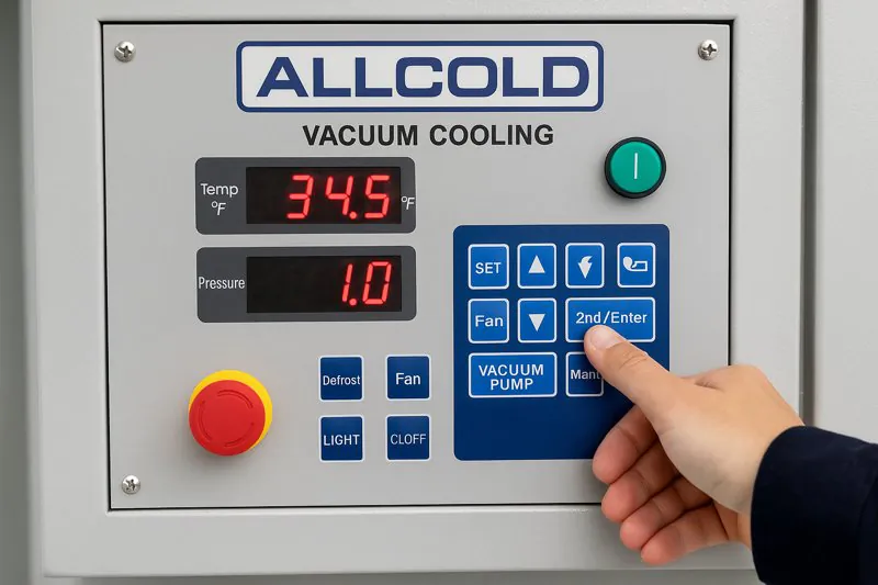 The control panel of an allcold vacuum cooler, showing temperature and pressure settings being adjusted