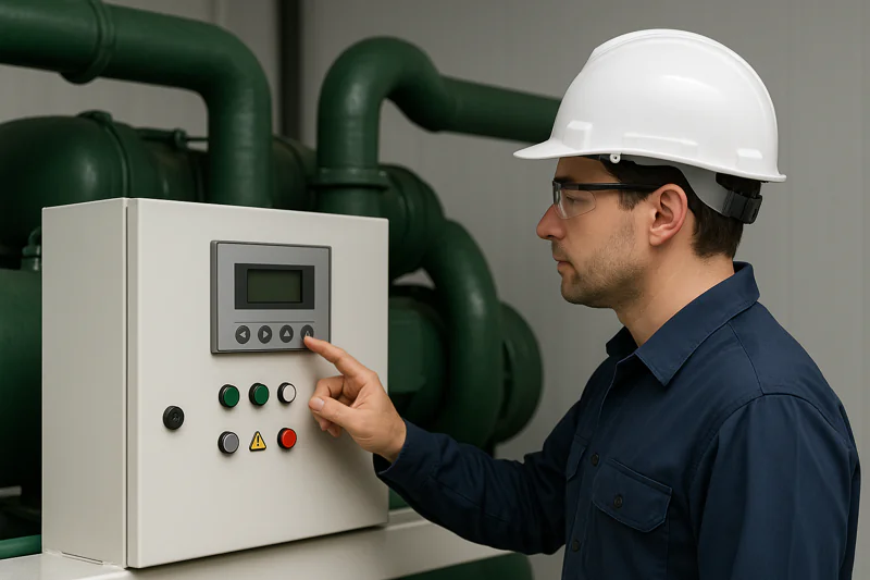 Person inspecting a control panel of a cooling system
