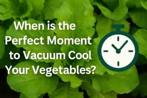 A crisp green lettuce background with the question “When is the Perfect Moment to Vacuum Cool Your Vegetables?” overlaid in bold white text, accompanied by a stopwatch icon symbolizing timing