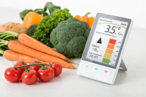 Energy meter showing consumption with vegetables in background