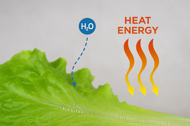 Diagram showing heat energy leaving vegetable as water molecule evaporates
