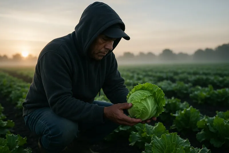 A farm worker carefully harvesting lettuce in the cool light of early morning