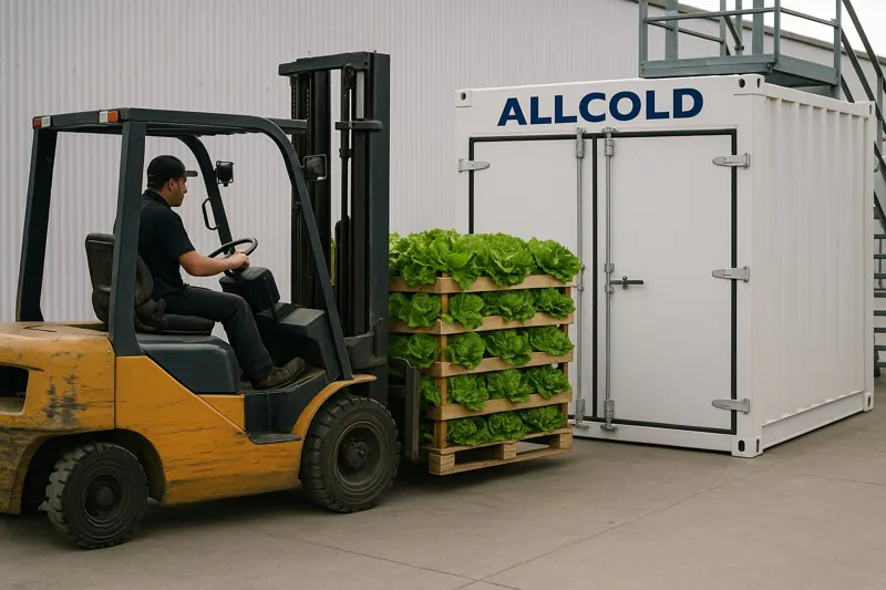 A forklift moving a pallet of freshly harvested lettuce towards an allcold vacuum cooler