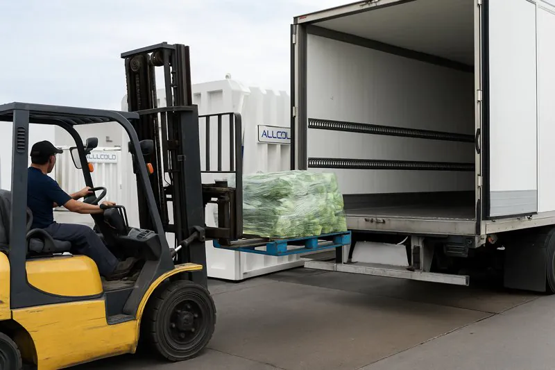 A forklift moving a pallet of cooled vegetables directly from the vacuum cooler into a refrigerated truck