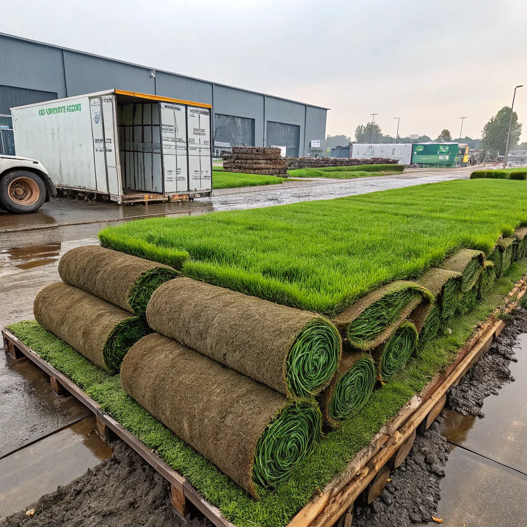 Fresh-cut grass and sod cooled rapidly to preserve color, moisture, and root vitality during transport and installation.