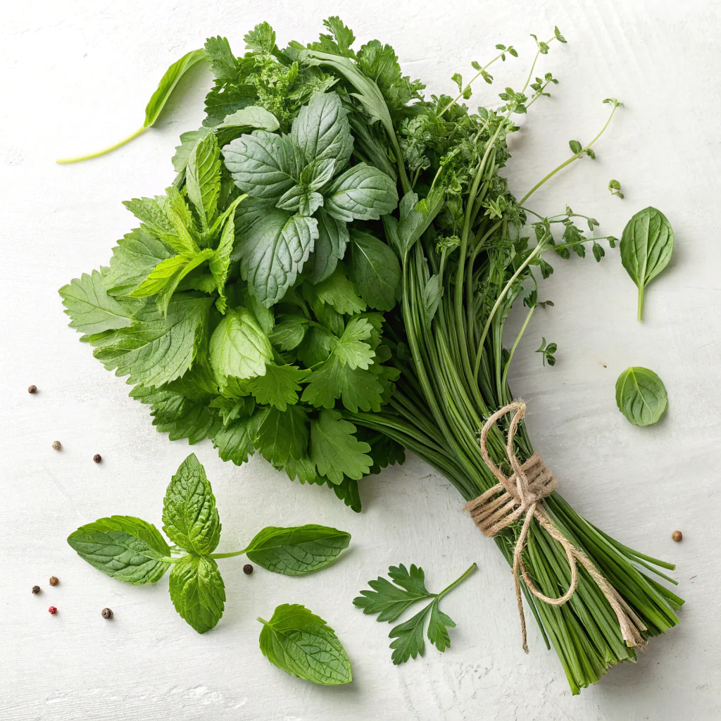 Bundled basil, mint, and cilantro preserved with minimal wilting and aroma loss.